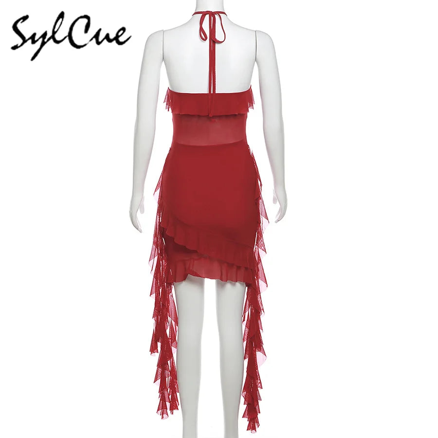 Sylcue 2024 Spring New Sweet Gentle Sexy Mature Beautiful Elegant Party Queen Women'S Short Neck Ruffled Tassel Dress