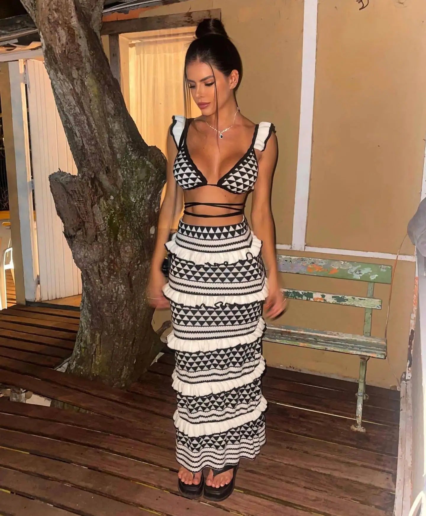 Black And White Striped Lace-Up Two-Piece Bikini for Women