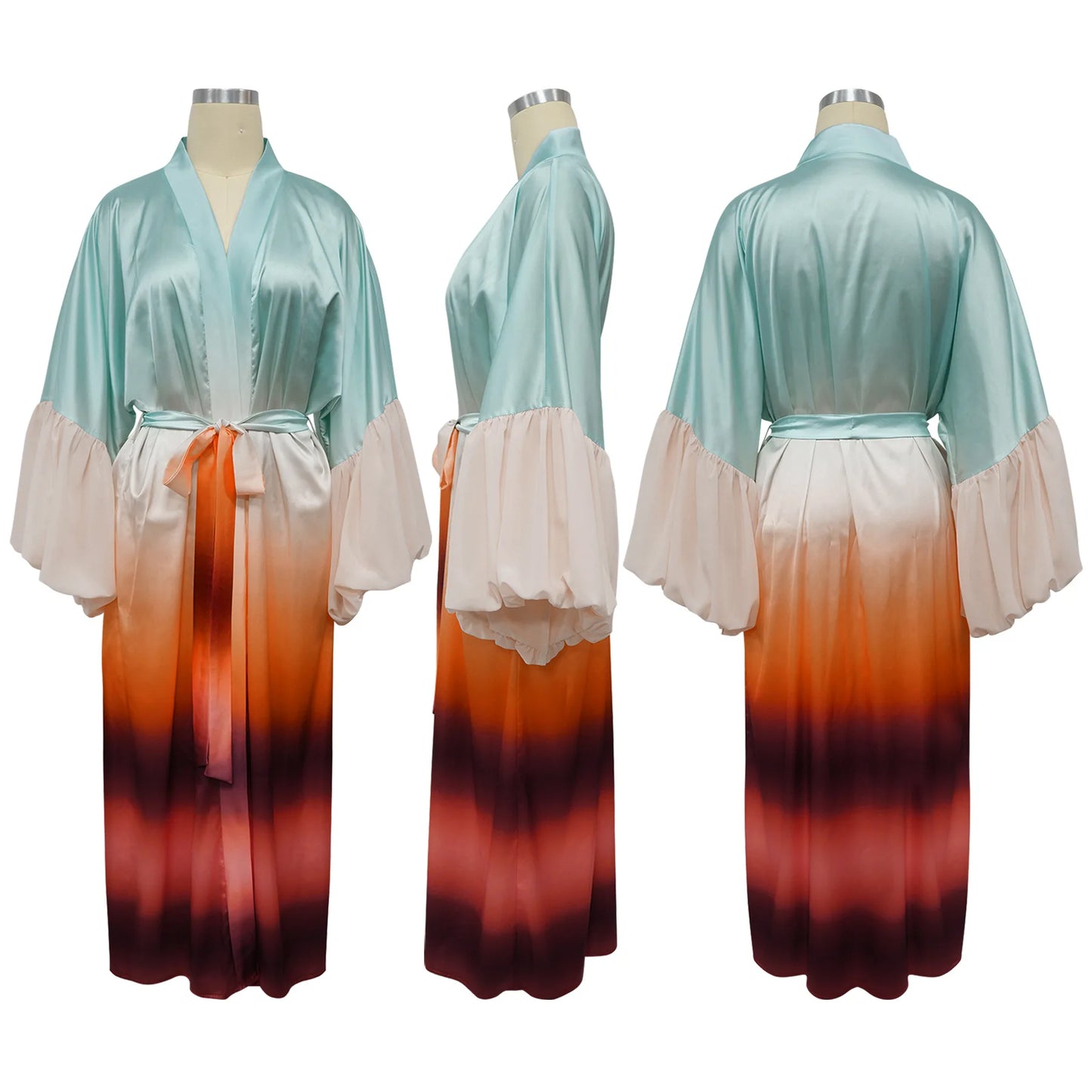 Vintage Floral Printed Chiffon Long Cardigan With Ruffle Sleeves for Women