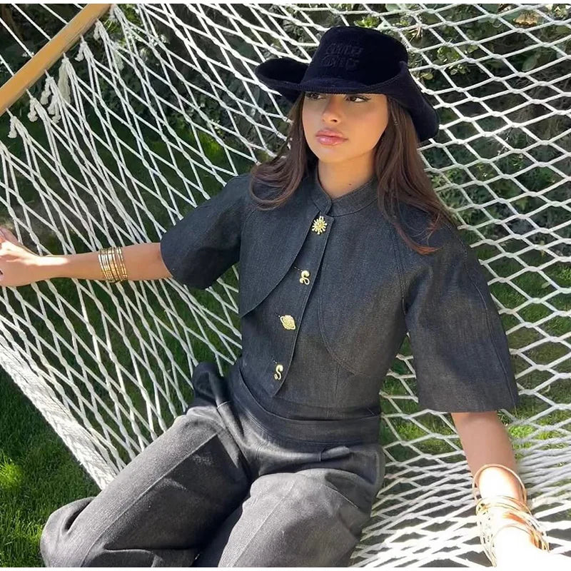Single Button Denim Jacket With Wide Leg Pants For Women