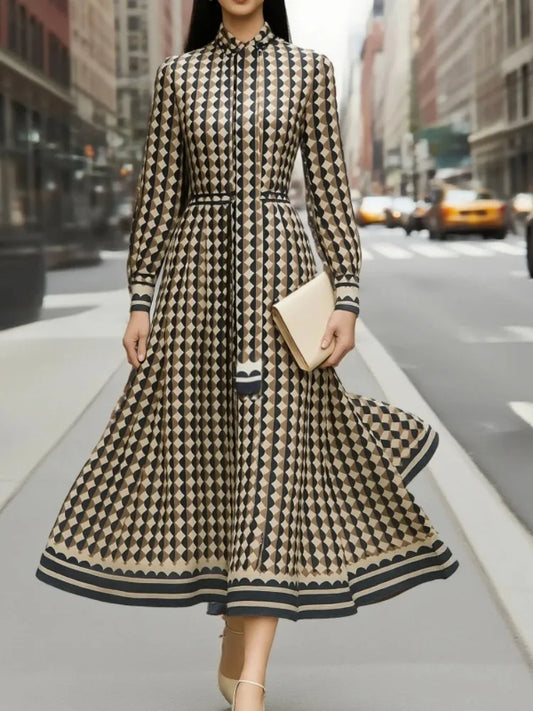 Beautyblue Women's Dress Long Sleeve Stand Collar Maxi Dresses Fashion Geometric Rhombus Loose Elegant High Waist Female Rube