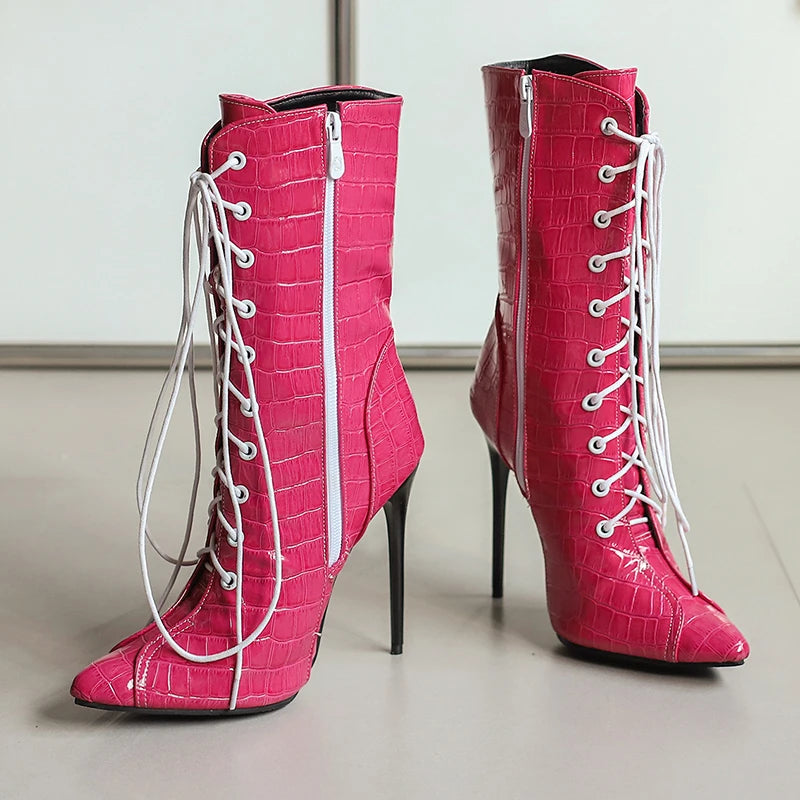 Alligator Pattern Lace Up Stiletto Ankle Boots for Women