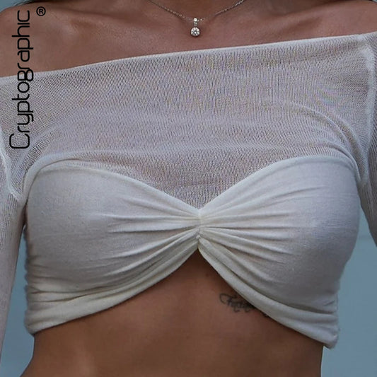 Cryptographic Elegant Front Ruched Cropped Top for Women Fashion Long Sleeve Off Shoulder Sexy Backless Sheer Knit Mini Top Slim