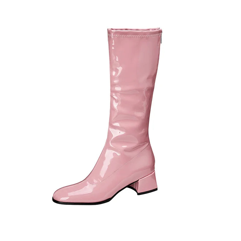Red Patent Leather Square Toe Knee-High Boots for Women