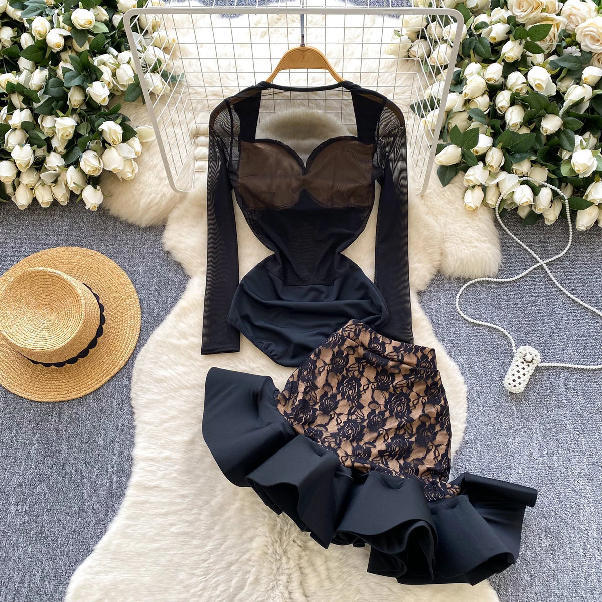 Floral Lace Mesh Bodysuit and Ruffle Mini Skirt Set for Women