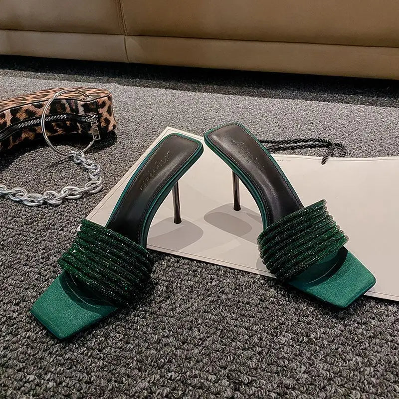 Dark Green Satin Rhinestone Square Toe Slide Sandals for Women