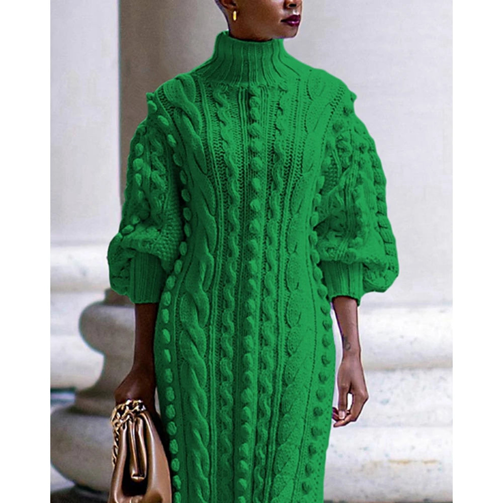 Autumn Women High Neck Twist Rope Lantern Sleeve Side Slit Knitted Sweater Dress New Fashion Femme Casual Dress Robe Clothing