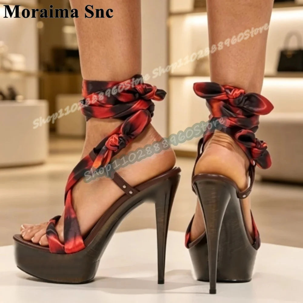 Gradient Color Lace Up High Platform Sandals for Women