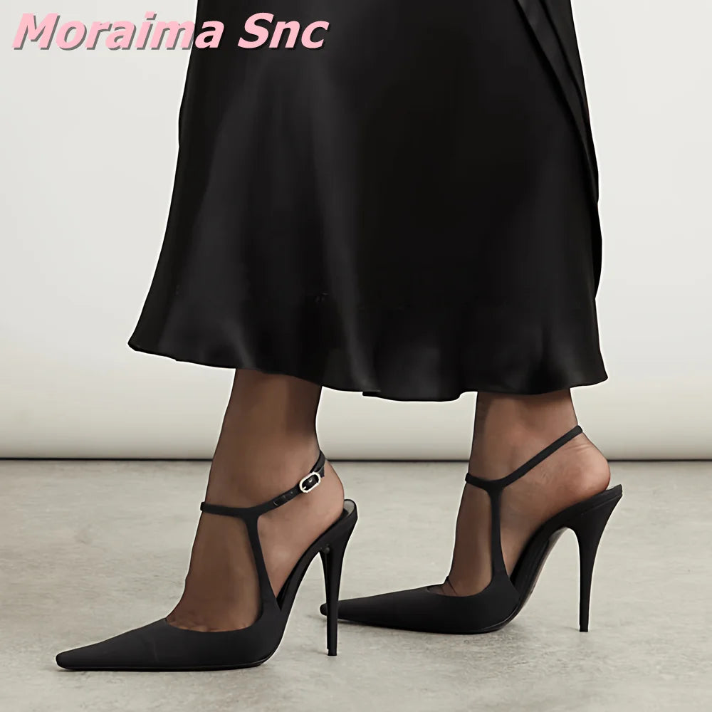 Black Satin Pointed Toe Ankle Strap Stiletto Sandals For Women