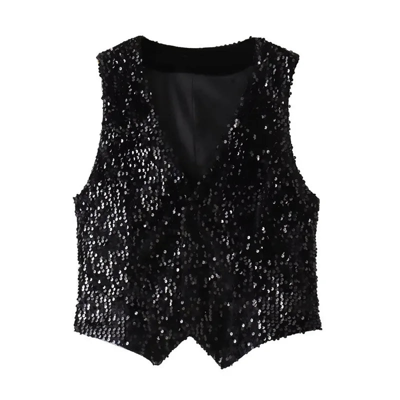 V Neck Single Breasted Sequin Sleeveless Waistcoat for Women