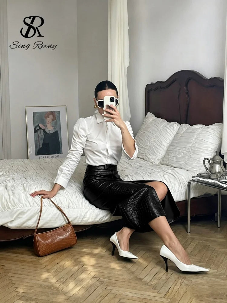 Faux Crocodile Leather Ankle Length Split Skirt for Women