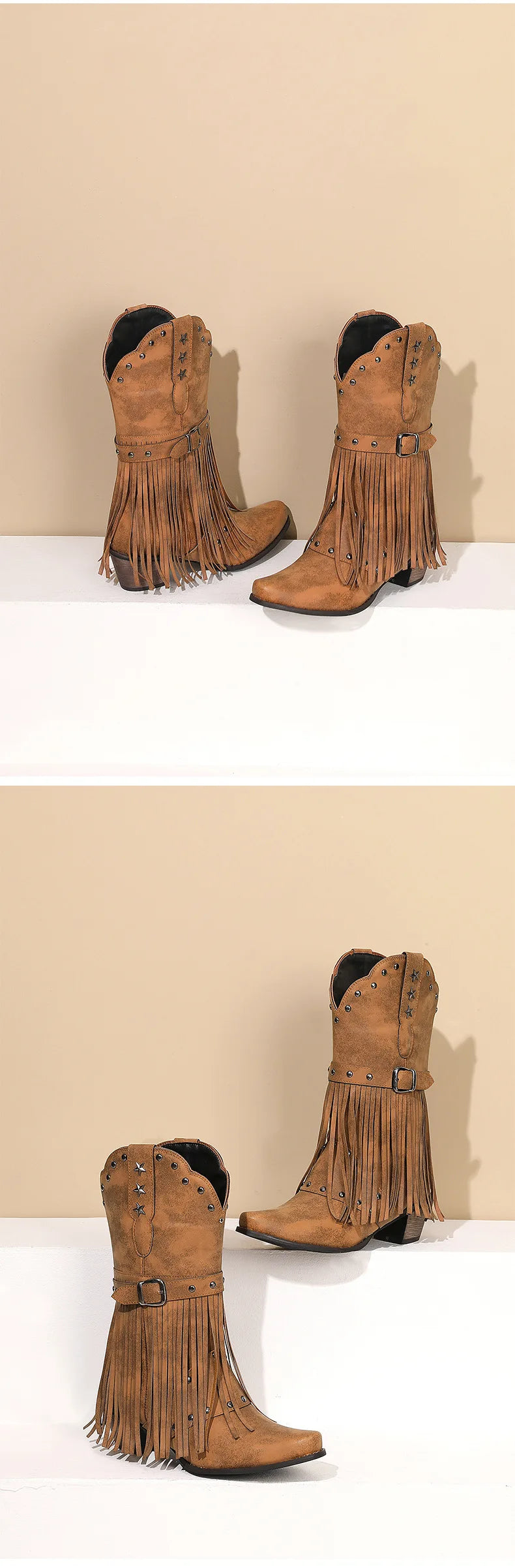 Western Fringed Riveted Block Heel Knee Boots for Women