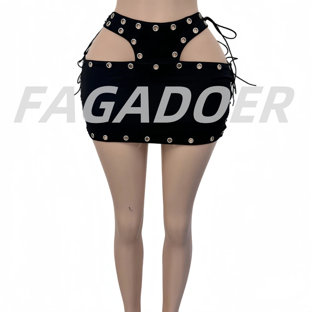 FAGADOER Sexy Hollow Out Bodycon Mini Skirts Women Lace Up High-Waist Hole Patchwork Skirts Female Streetwear Bottom 2025 New