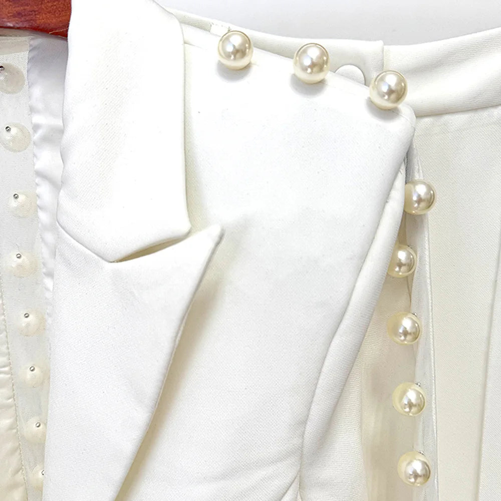 HIGH STREET Newest 2026 Designer Runway Suit Set Women's Pearls Beaded Gauze Patchwork Slim Fitting Blazer Pants Set