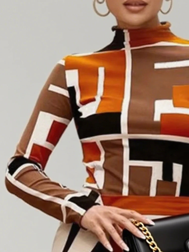 Pullover High Neck T-Shirts Tops Geometric Printed Long Sleeves Skinny Simple Fashion Autumn Winter famale clothing