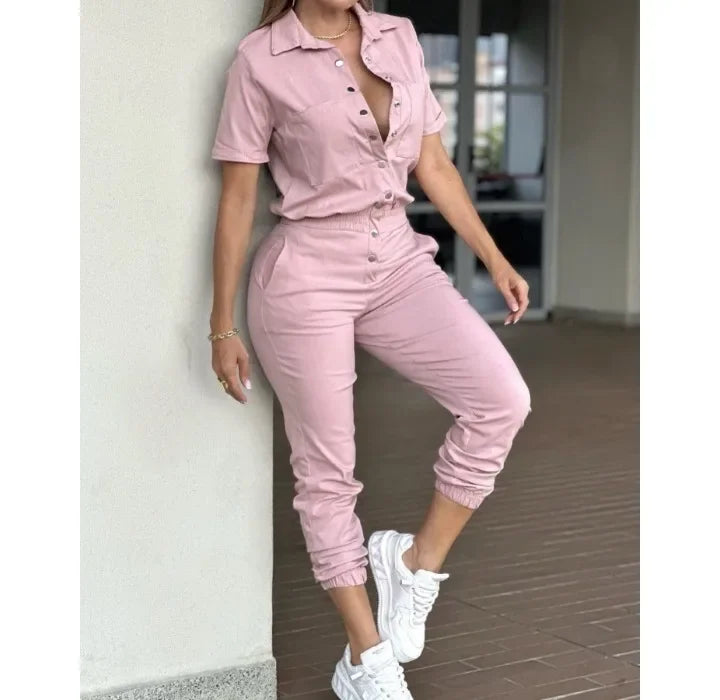 Women's Jumpsuit Summer 2025 Fashion Ankle Tied with A Lapel Pocket and Elastic Buttons At The Waist Short Sleeved Bodysuit Pant