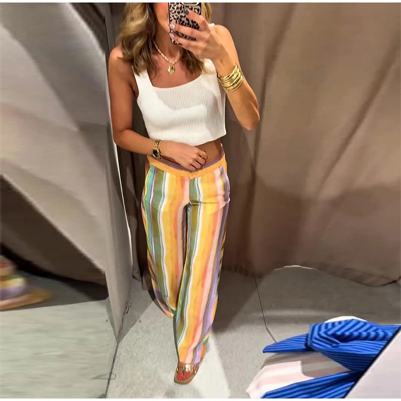 Cotton Striped High Waist Two Piece Summer Set For Women