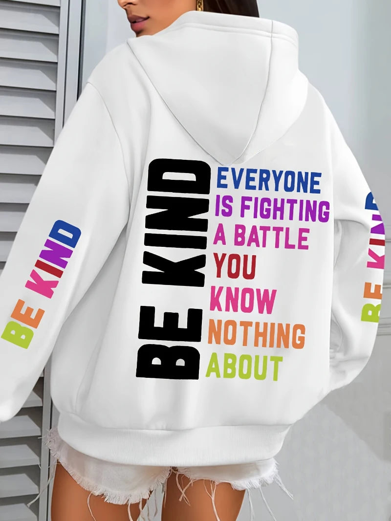 Be Kind Hoodies Women Letter Prints Winter Fleece Warm Hooded Street Pocket Loose Sweatshirts Casual All-match Woman Clothes