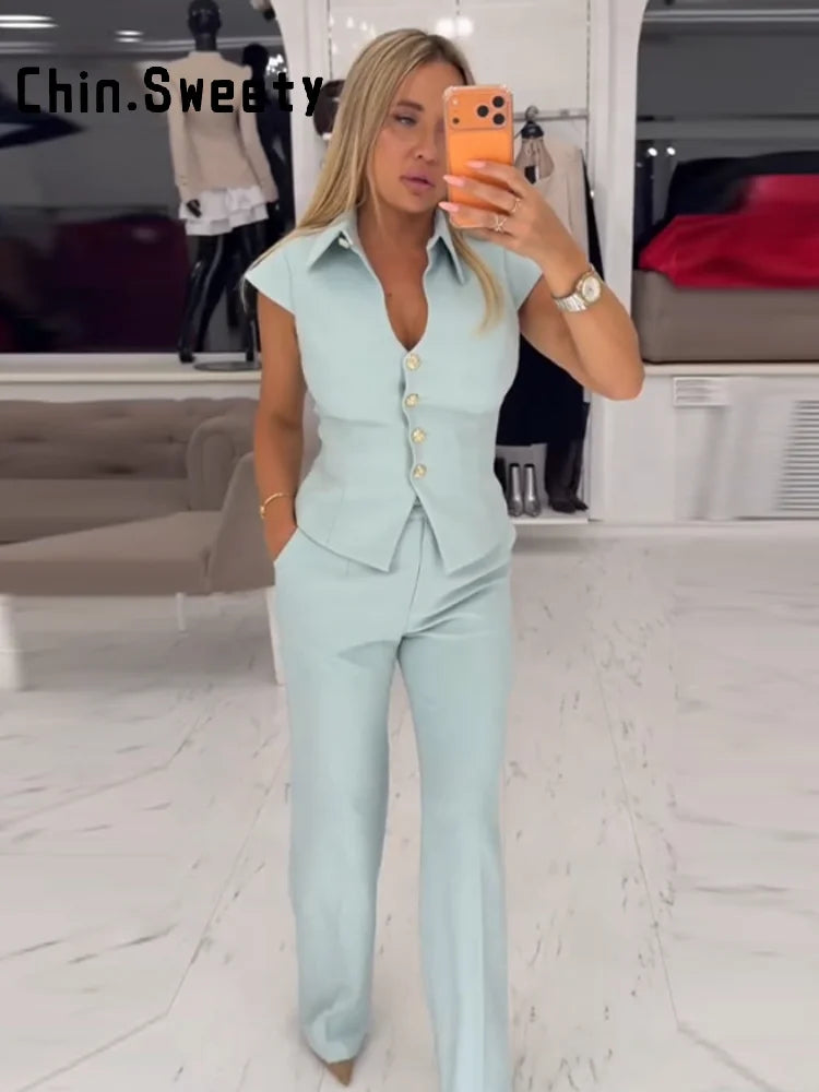 Waist Cinched Tailored Suit Set With Wide Leg Pants For Women