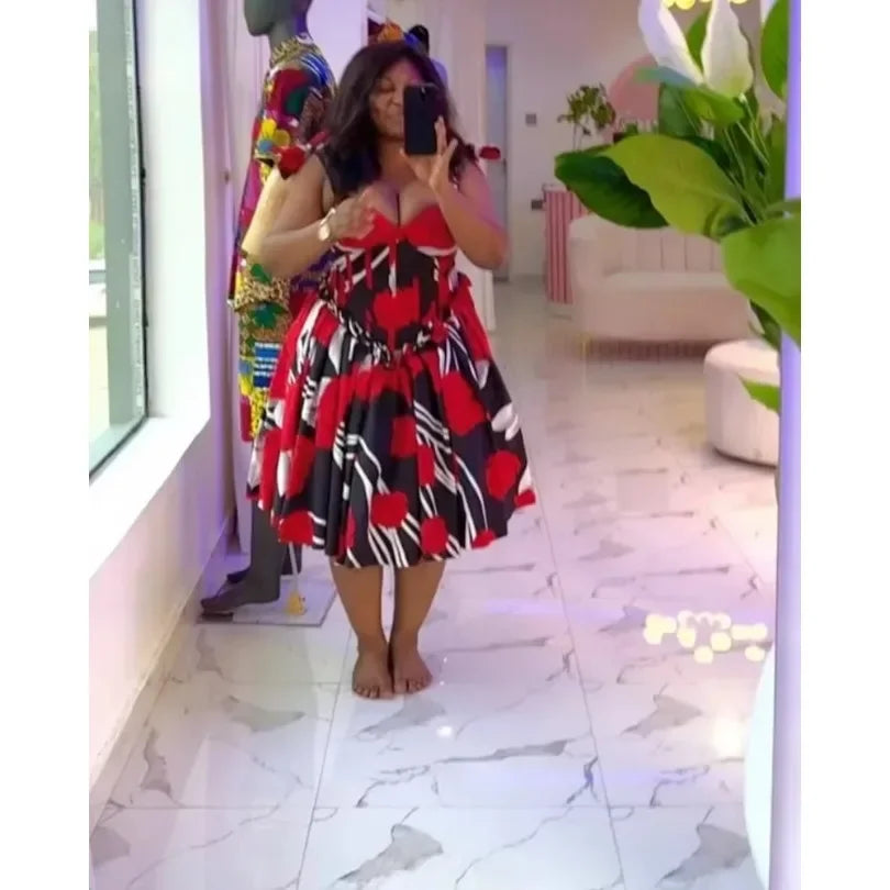 Customized Elegant Stylish Tube Top A-line Flower Print Waist-fitted Midi Dresses Fashion Summer Sexy Low-cut Bow Straps Casual