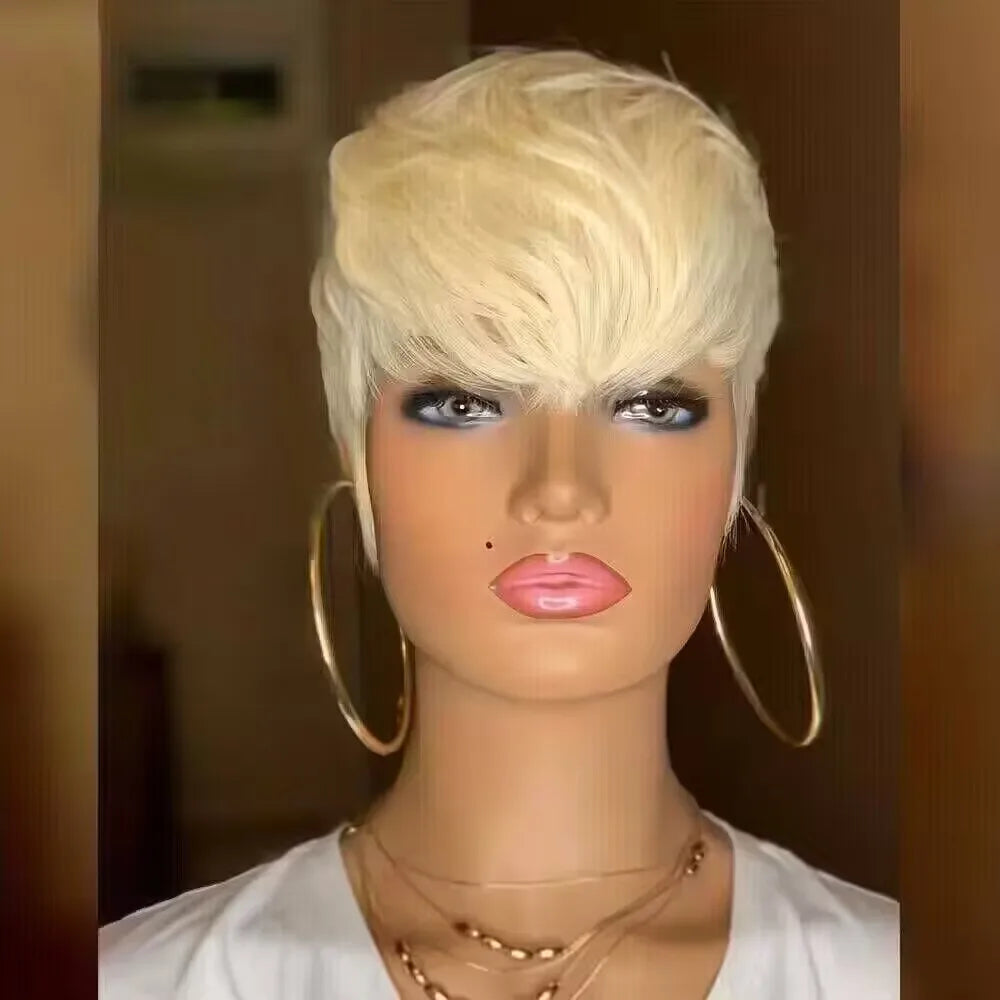 Pixie Cut Wig With Bangs Short Straight Mixed Color Remy Brazilian Human Hair Full Machine Made wig