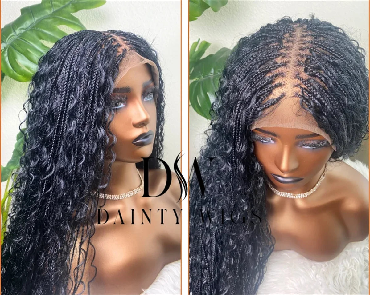 32inch Black Boho Braided Full Lace Wig with HD Lace Crochet Faux Locs Swiss HD Lace Wig for Women