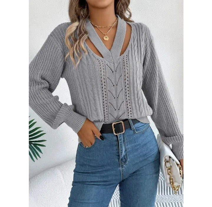 Casual Sweater Women Streetwear Hollow V-neck Elegant Lantern Sleeve Head Tops 2024 Autumn/Winter New Long Sleeved T-shirt Y2k