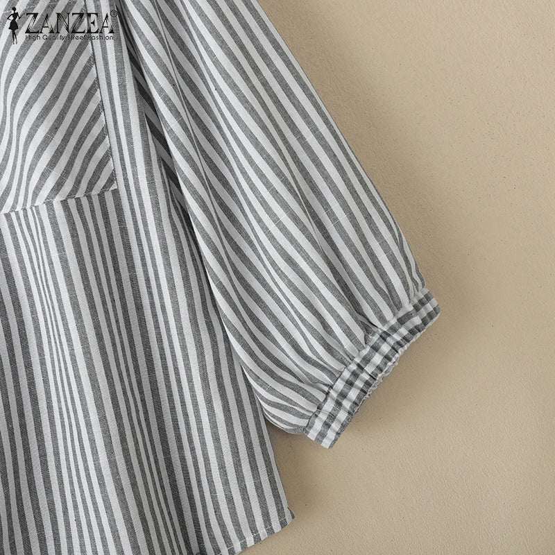 ZANZEA Women Casual Striped Shirts 2025 Summer 3/4 Lantern Sleeves Turn-Down Collar Chemises Femme Commute Office Work Tops