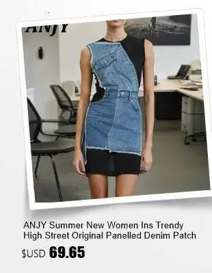 ANJY Summer New Women's Tide High Street Y2K Chic Trendy Sleeveless Halter Neck Backless Waist Cinching Zipper Denim Dress A8053