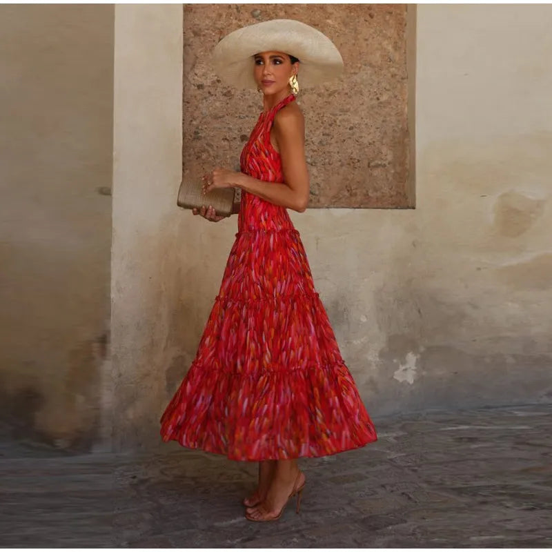 Printed Halter Neck Maxi Dress and Cropped Jacket Set for Women