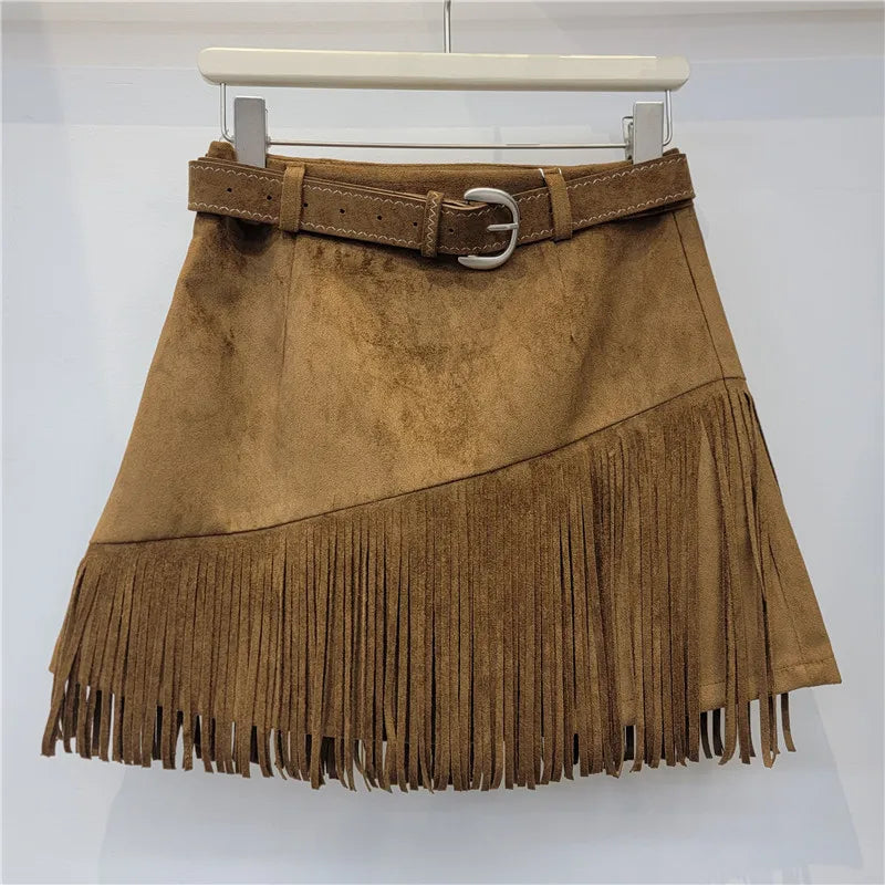 Vintage Brown Irregular Hem Faux Suede High Waist Mini Skirt For Women