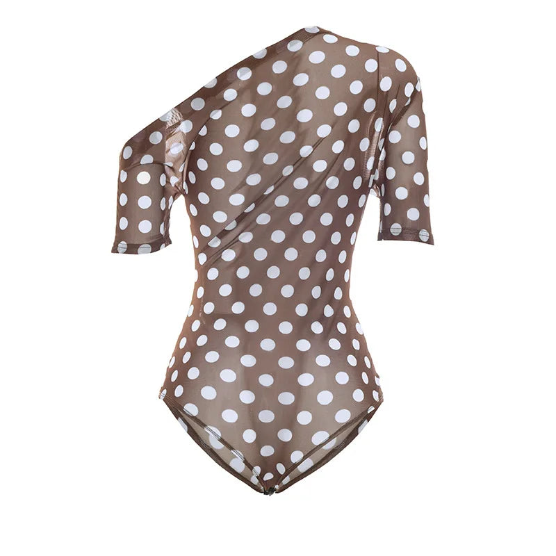 Off Shoulder Polka Dot Mesh See Through Two Piece Set for Women