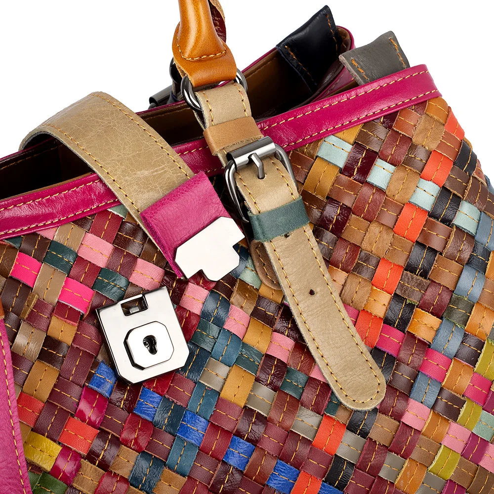 Woven tote bag, genuine leather, women's bag, cowhide, colorful retro casual buckle, women's hand-held multi-layer crossbody bag