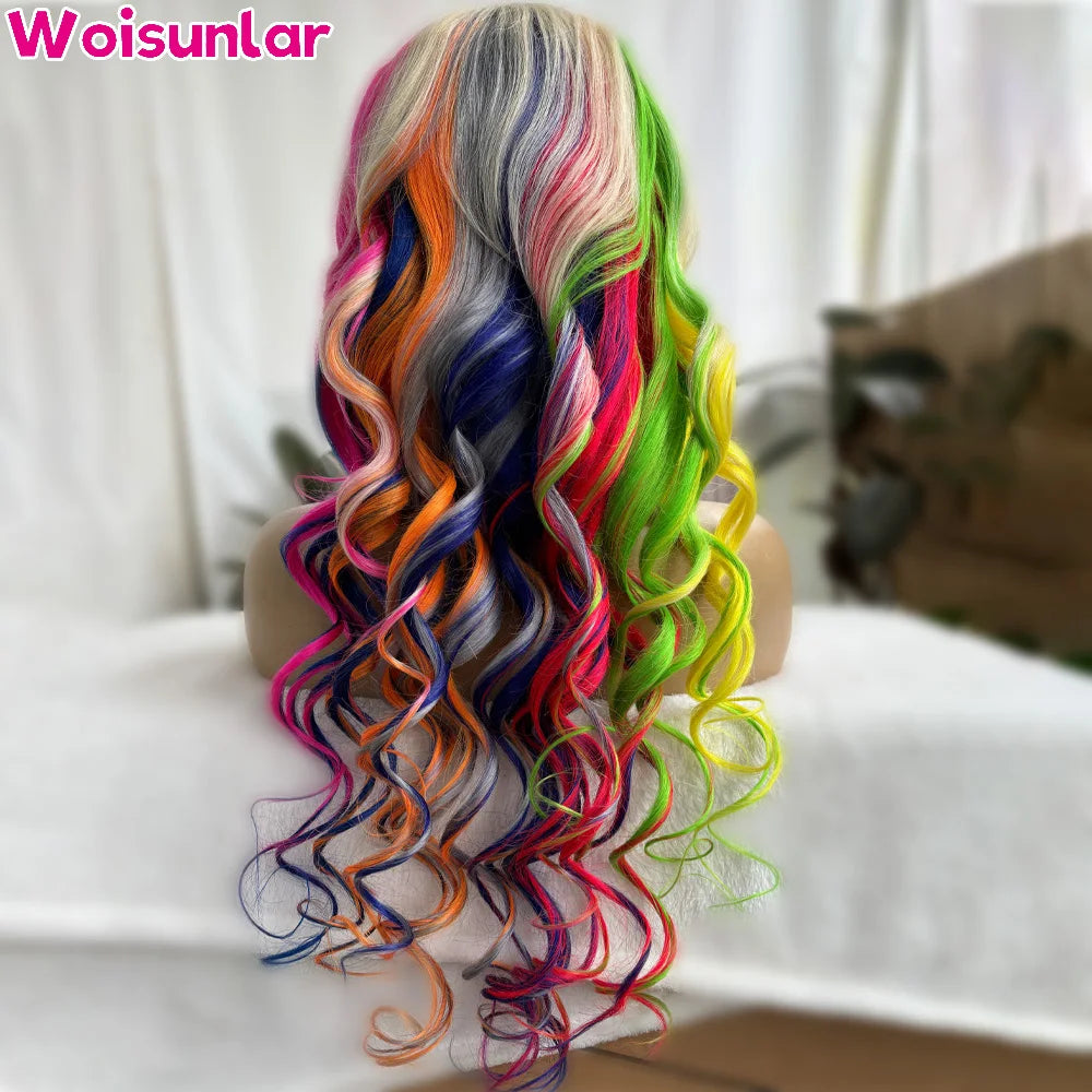 Highlight Colored Green Yellow and Blue Pink Front Wigs Human Hair For Women Body Wave 13x4 Transparent lace Frontal human hair