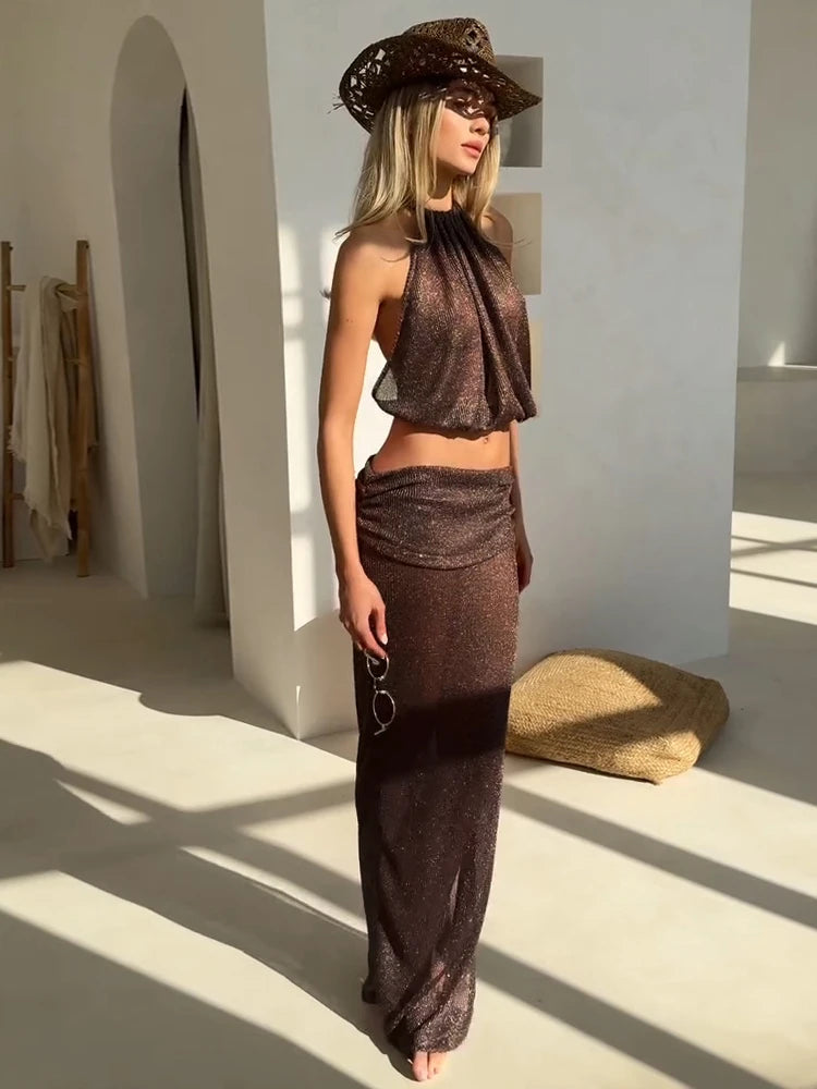 Sexy Knit Sets See-through Backless Lace-up Top Beach Half Skirt Two-piece Swimsuit Cover Up 2025 Summer Women Party Outfit K167