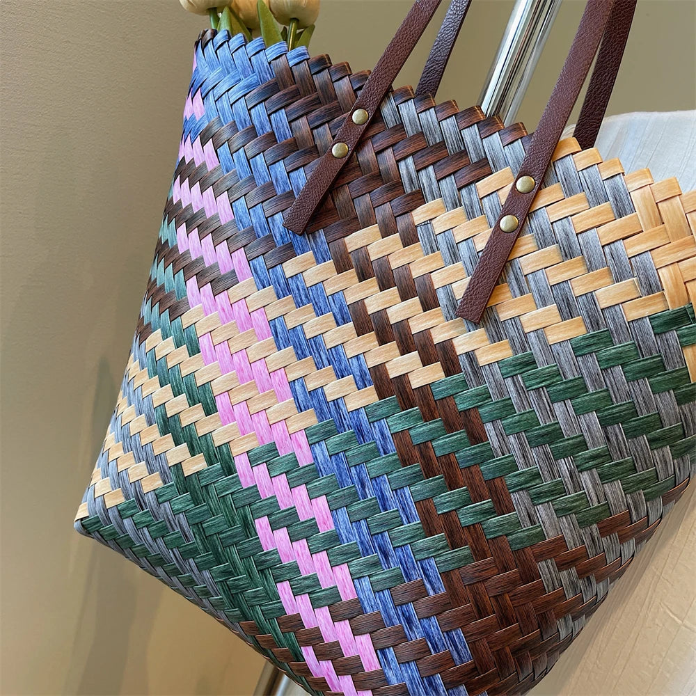 Colorful Braided PVC Tote Bag for Women With Large Capacity