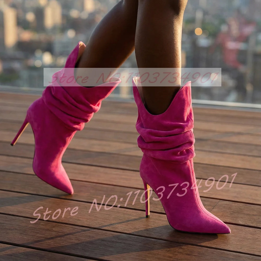 Fuchsia Pleated Pointy Toe High Heel Suede Ankle Boots For Women