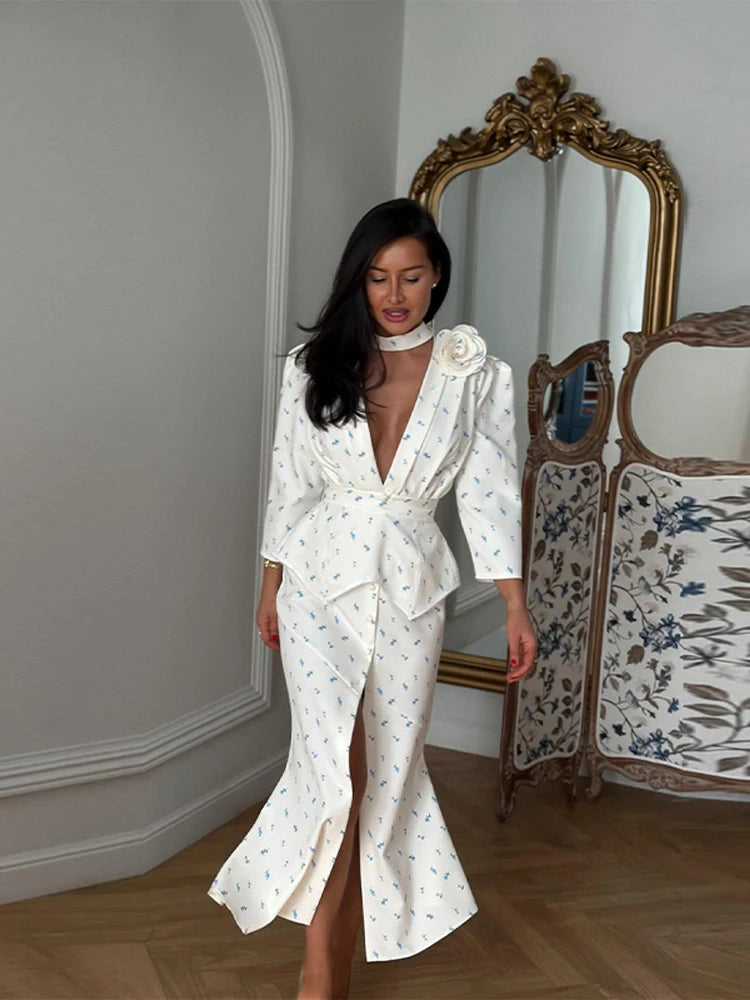 Printed Floral Three-D Button V-Neck Pleated Long Sleeve Maxi Dress for Women