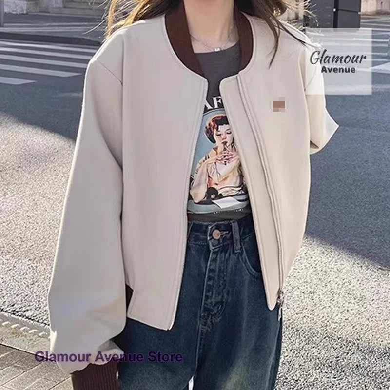 American retro street baseball uniform jacket women's spring and autumn new contrast thin casual Joker short jacket top.