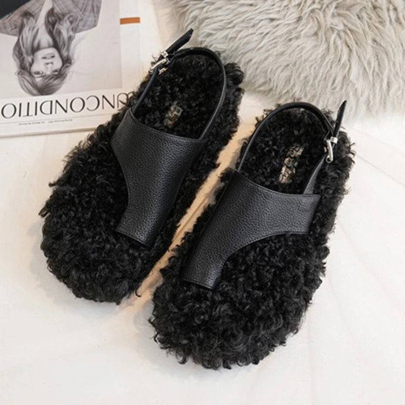 Cozy Plush Buckle Strap Flat Toe Slippers for Women