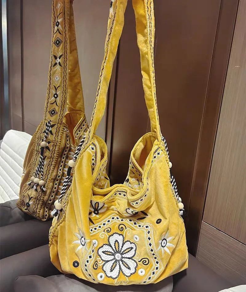 High Quality Original Design Velvet Embroidery Fringe Cloth Bag Shoulder Large Capacity Cross Body Tote Bags for Women