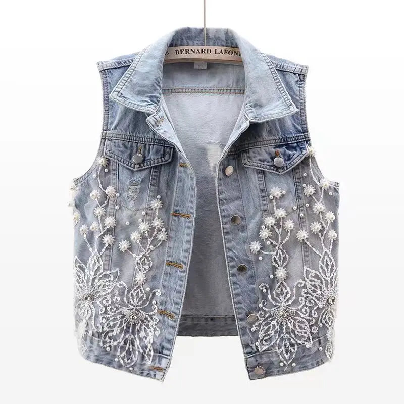 Fashion Lace Beaded Denim Vest Women Cardigan 2025 New Spring Sleeveless Jacket Fashion Loose Vintage Jeans Waistcoat Tide R359