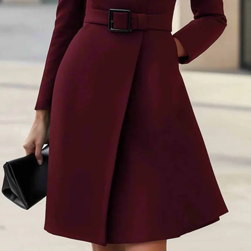 Elegant Turtleneck A-Line Office Dress With Pockets for Women