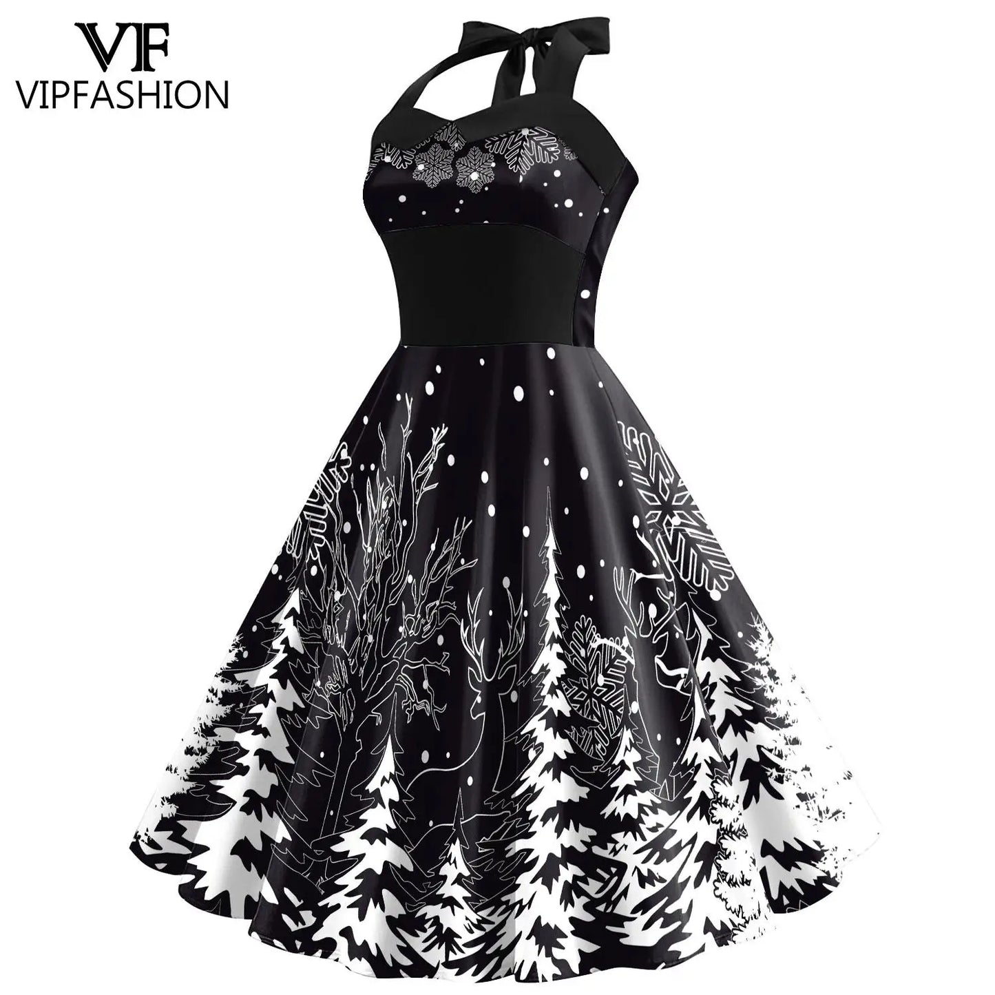 Festive Christmas Tree Print Elegant Midi Dress for Women