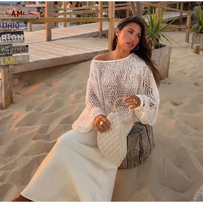 White Hollow Crochet Off Shoulder Long Sleeve Top For Women
