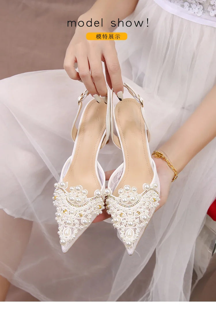Lace Pearl Beaded Pointed Toe Stiletto Heels for Women