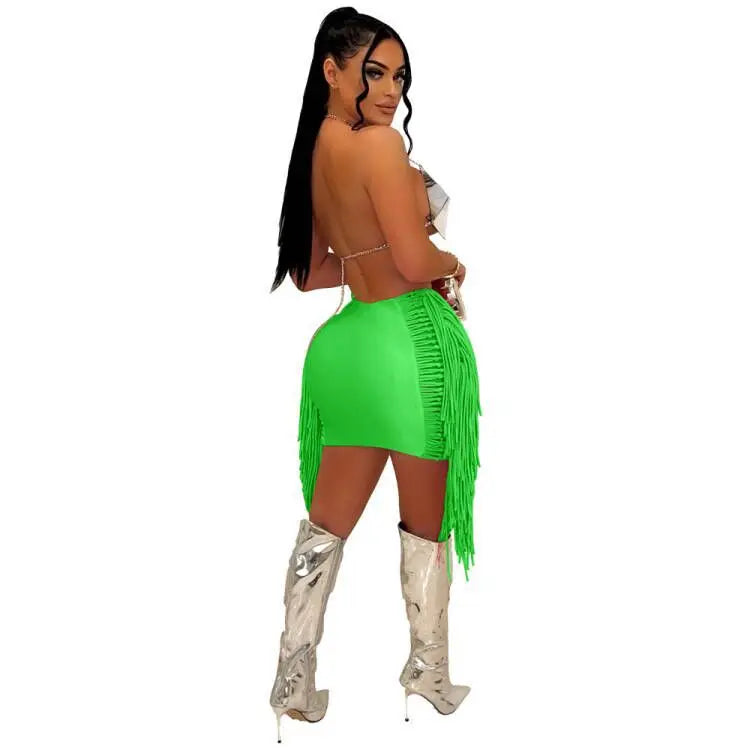 FAGADOER Sexy Tassel Bodycon Mini Skirts Party Club Outfits Women Fashion Chic Streetwear Short Birthday Holidays Skirt Solid
