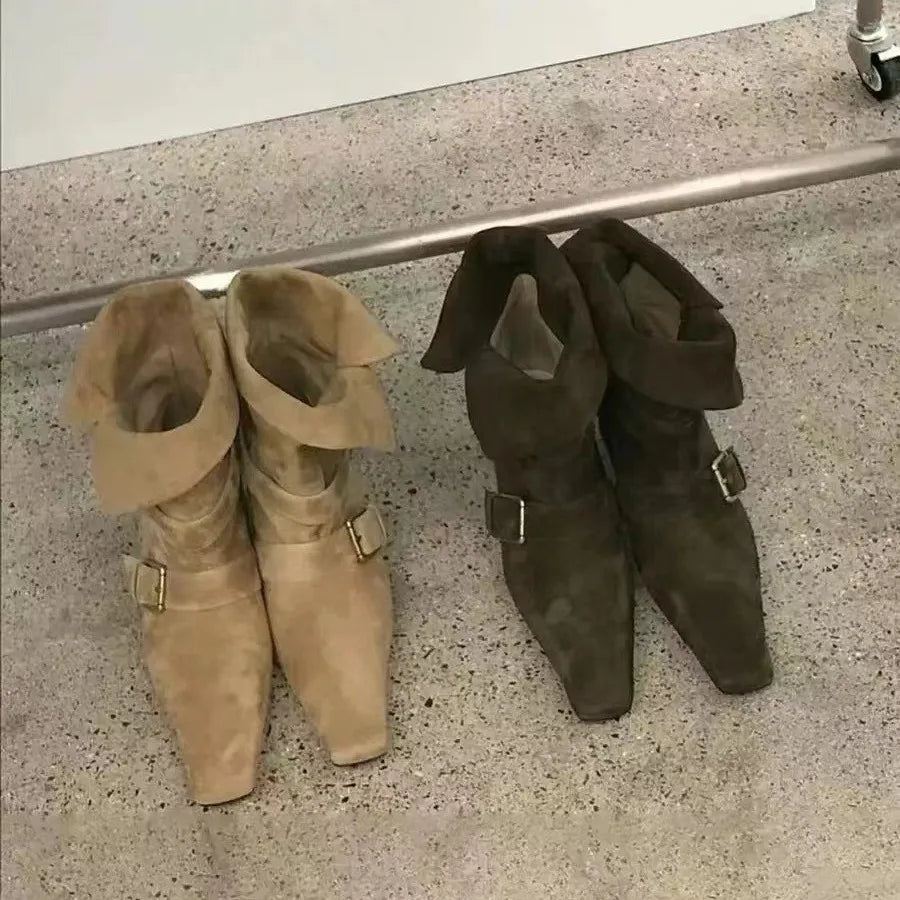 Vintage Suede Square Heel Boots