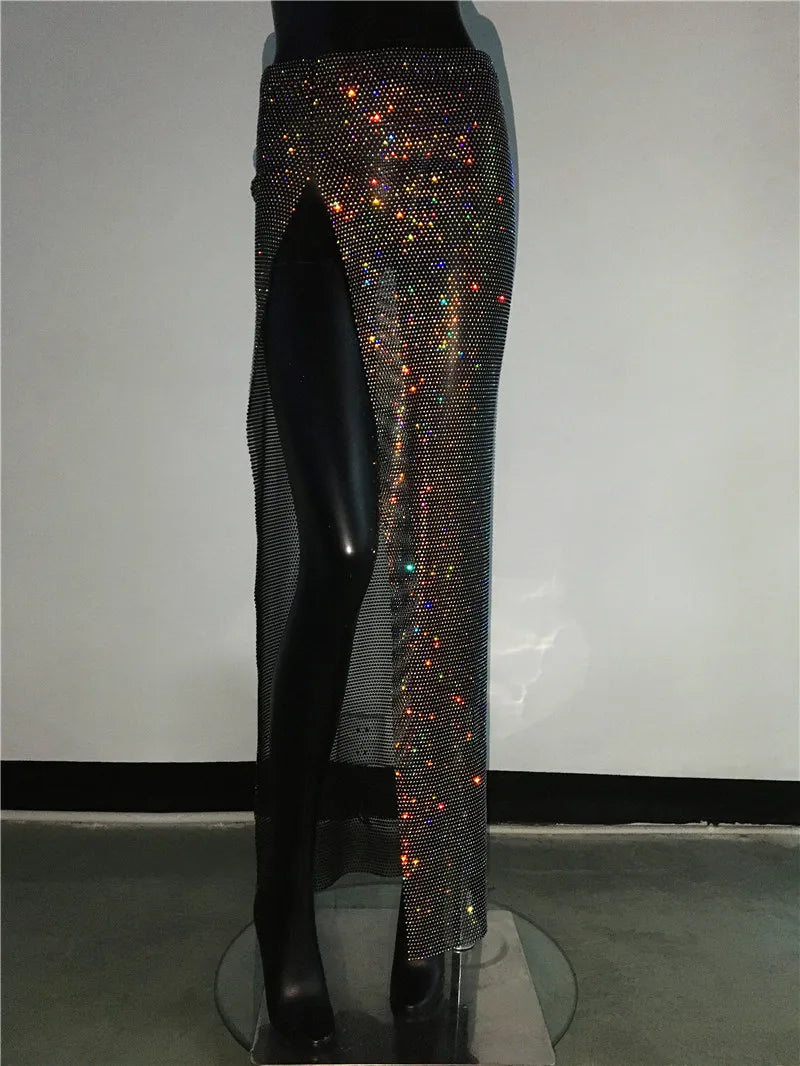 Glitter Rhinestone Long Fishnet Split Skirt for Women