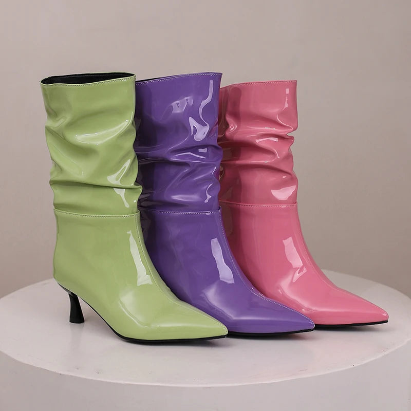 Patent Leather Pointed Toe Mid Calf Slouch Boots for Women
